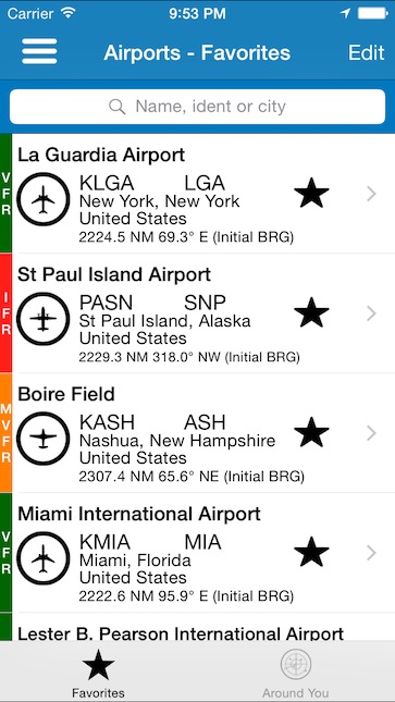 AeroPointer's airport list view