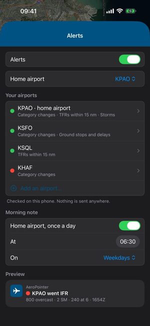 Alerts settings with four favorite airports