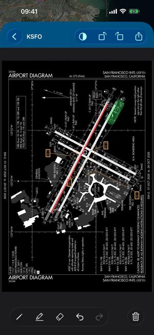 KSFO airport diagram with pen and highlighter markup