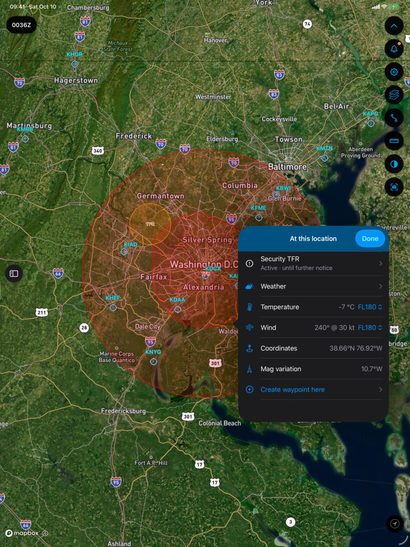 TFR rings around Washington, DC on iPad