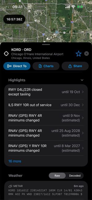 KORD airport card with Highlights from the NOTAMs