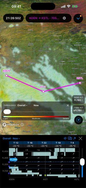 Winds aloft and turbulence at FL180 with the route profile