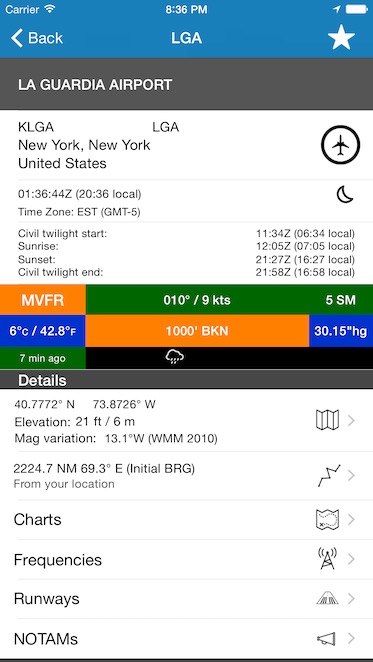 AeroPointer's airport details view