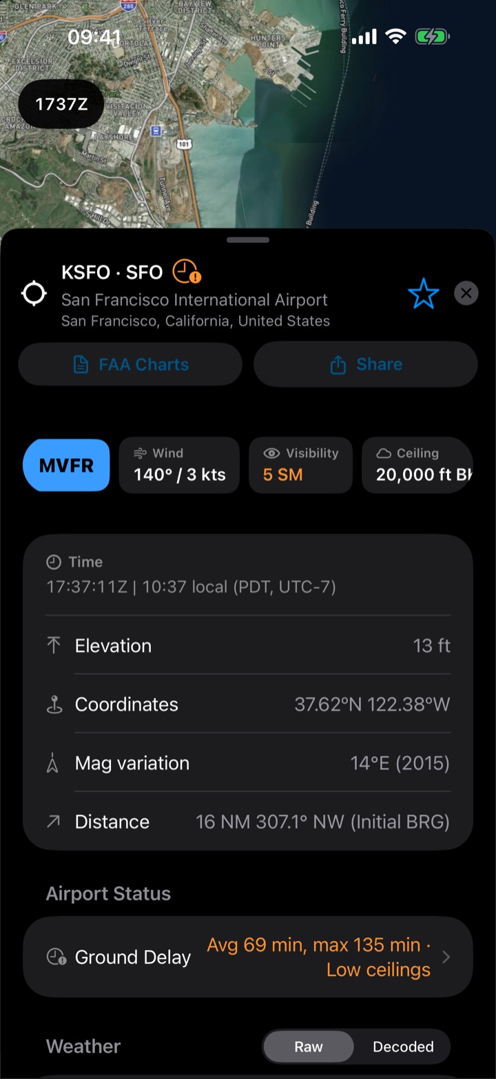 KSFO airport sheet with flight category, wind and a ground delay