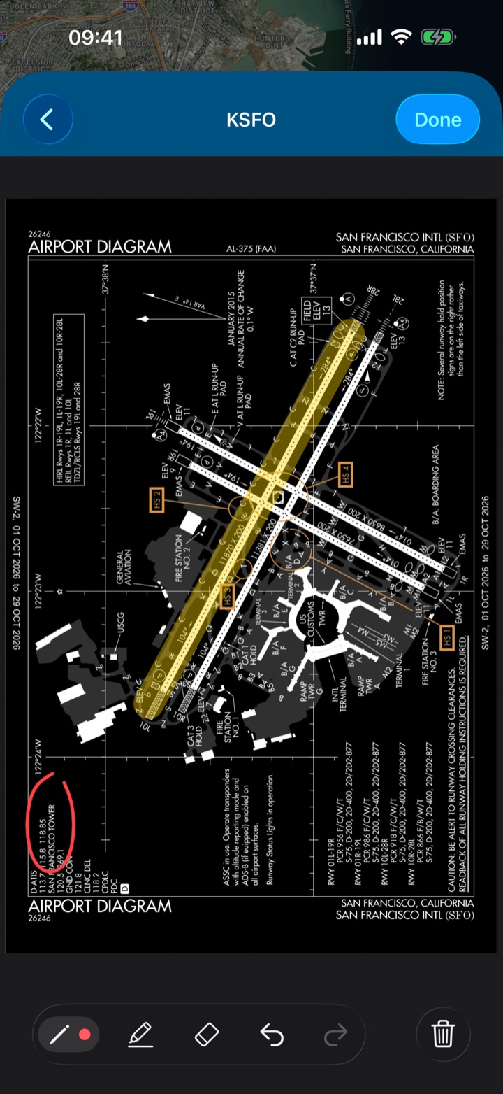 KSFO airport diagram with pen and highlighter markup