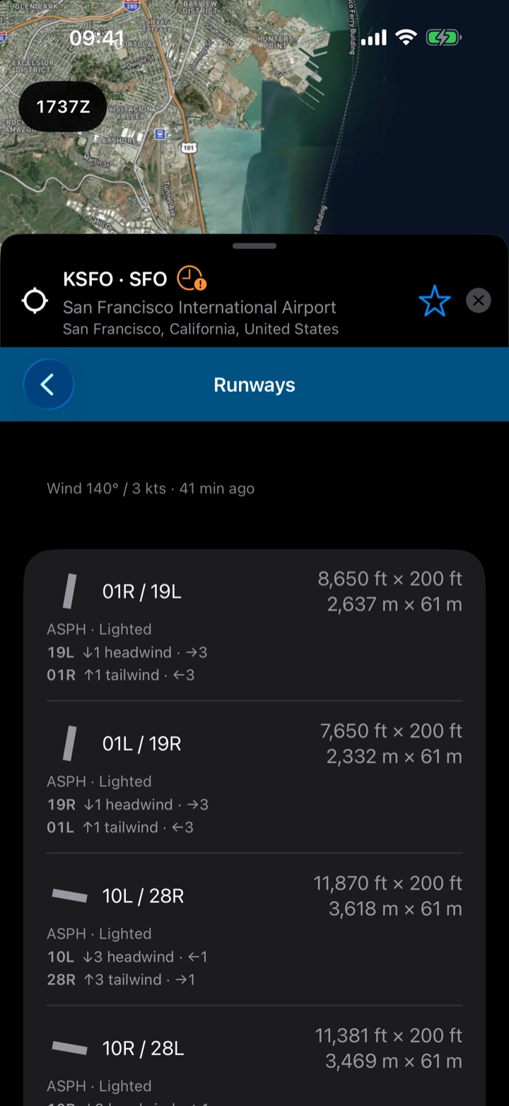 KSFO runways with headwind and crosswind components