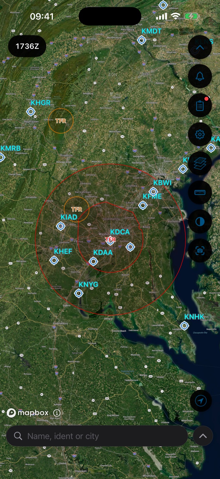 TFRs around Washington, DC on the AeroPointer map