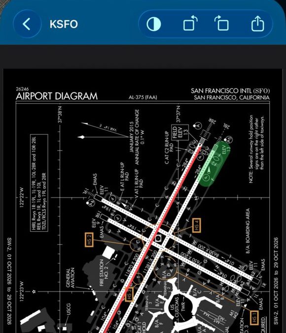 The KSFO airport diagram in AeroPointer, with a runway highlighted in red